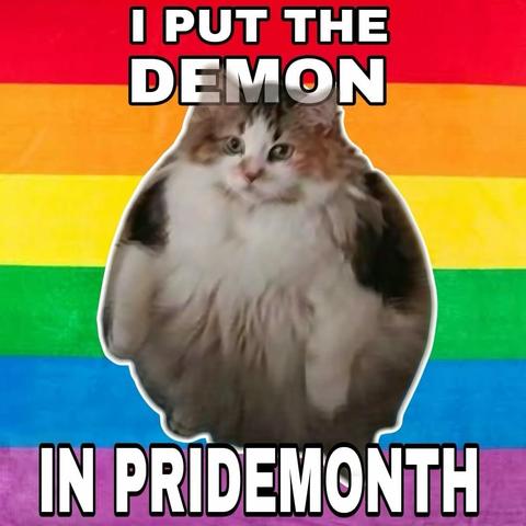 A super chonky cat photo that is very blurry, pasted onto the pride flag stripes. The caption reads I put the demon in pridemonth.