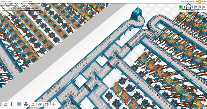 A complex video game factory with blue belts over a white background.