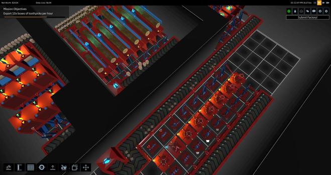 A complex video game factory with red belts over a black background.