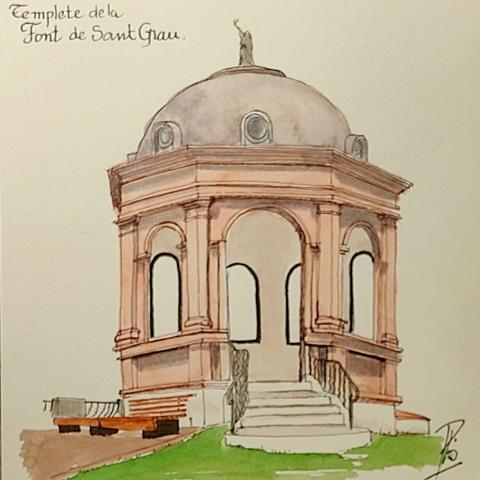 Templete de la Font de Sant Grau. Dibujo hecho con plumas y coloreado con acuarela.