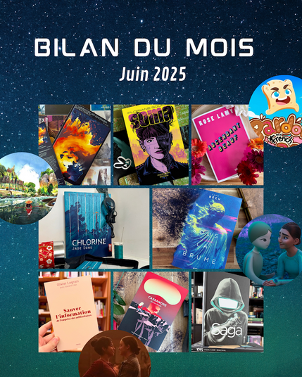 Fond étoilé avec écrit « Bilan du mois Mai 2025 » et en-dessus les 8 photos de mes lectures du mois ainsi que des bulles avec des images des deux séries et deux jeux évoqués dans le bilan.