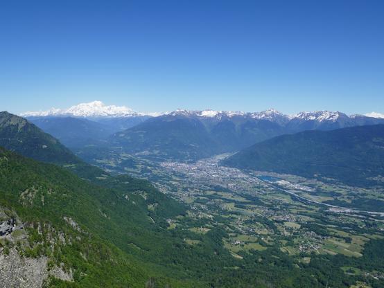 View over Albertville in the valley and Mont Blanc on the horizon