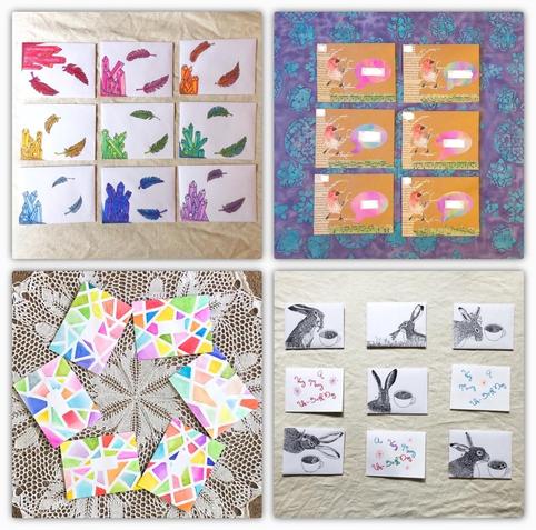 A collage of four photos of various mail art - rainbow colored crystal drawings with feathers. Collage image of a hand drawn bird in a tree on brown paper, rainbow kaleidoscope effect watercolor, pen and ink drawings of various March Hares.