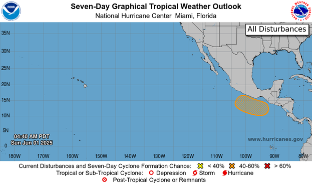 ZCZC MIATWOEP ALLTTAA00 KNHC DDHHMMTropical Weather OutlookNWS National Hurricane Center Miami FL500 AM PDT Sun Jun 1 20251. For the eastern and central North Pacific east of 180 longitude:South of Central America and Southern Mexico:An area of low pressure is forecast to form offshore of the coast of Central America and southern Mexico during the middle to late portions of this week. Once it forms, the disturbance is expected to move generally westward to west-northwestward around 10 mph. Environmental conditions are expected to be at least marginally conducive for slow development of this system, and a tropical depression could form by the end of the week.* Formation chance through 48 hours...low...near 0 percent.* Formation chance through 7 days...medium...40 percent.Forecaster D. Zelinsky