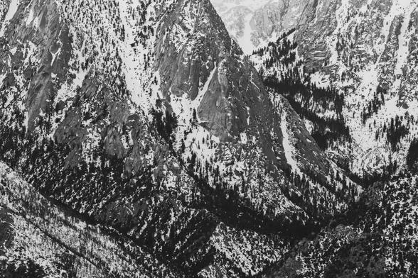 A black and white image of rugged mountains, partially covered in snow, with dark tree lines dotting the slopes. The landscape shows a mix of rocky terrain and patches of snow, highlighting the natural contours and textures of the mountains.