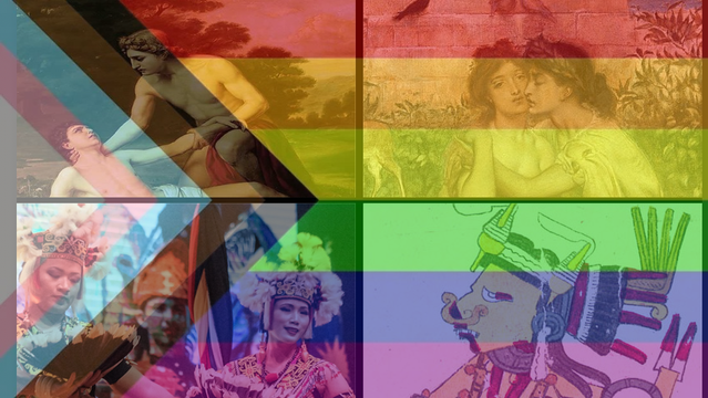 An LGBTQ flag superimposed on images of LGBTQ characters from mythology and culture. Top left: Alexander Kiselev's depiction of Apollo embracing a dying Hyacinth. Top right: Sappho and her galpal Erinna kissing like roommates. Bottom left: manang bali, divine trans shamans of Borneo in a showroom in Malaysia where they are dancing. Bottom right: Tlazolteotl, Aztec goddess of penance, purification, and forbidden love.