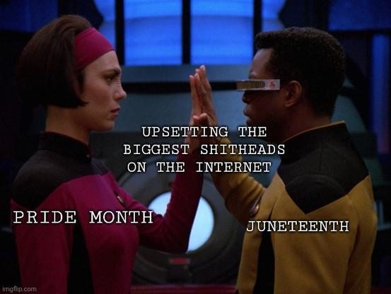 Meme: Ro (pride month)and Geordi (Juneteenth) from Star Trek touching hands (upsetting the biggest shitheads on the Internet)