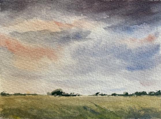 A wide, open field stretches toward the horizon, where a thin line of trees anchors the scene beneath a sky filled with sweeping, softly blended clouds that suggest the hush of early evening and an impending rain storm.