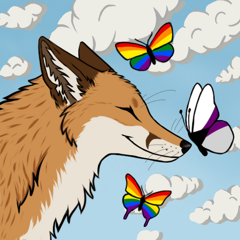 Furry drawing of me as a feral red fox in a blissful mood with butterflies flying around me in pride colours; two rainbow butterflies and one demi coloured butterfly