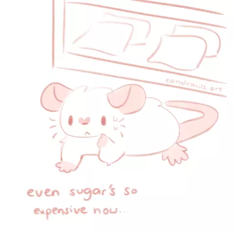 my rat OC cherry stands in the supermarket, looking worried. she thinks to herself, "even sugar's so expensive now..."