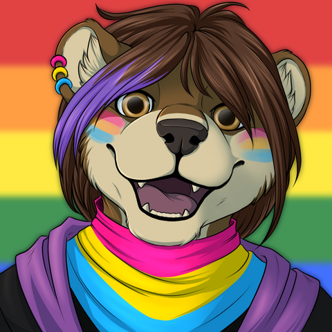 Sascha the bearkitty, an anthro bear-lynx hybrid with a purple streak in his hair and some lynx like cheek fluff is looking at the viewer.
He is wearing a purple and black hoodie, a bandana. face paint and earrings in the colors of the pansexual flag.
In the background is a rainbow flag, indicating the connection to the big LGBTQIA+ Family.