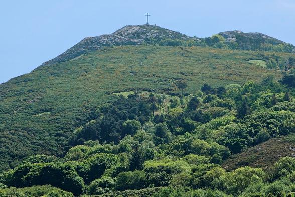 A medium shot of Bray Head, a prominent hill on the Irish coast, covered in vibrant green vegetation, under a clear blue sky. A large, dark cross stands prominently on the rocky summit. The lower slopes are densely forested with various shades of green trees and bushes, hinting at the coastal path below.