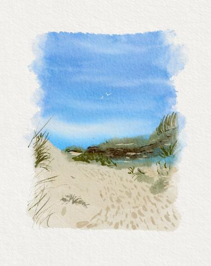 Digital gemaltes Bild im Stil von Gouache.
Dünenweg. Im Vordergrund nur Sand, sehr viel Fußstapfen sind zu sehen. Im Hintergrund sieht man kleine grasbewachsene Erhebungen. Rechts erhebt sich eine kleine Düne. Links ragen Grashalbd ins Bild. Der Himmel ist blau mit zarten weißen Wolken.
Drei kleine Vögel sind am Himmel.
