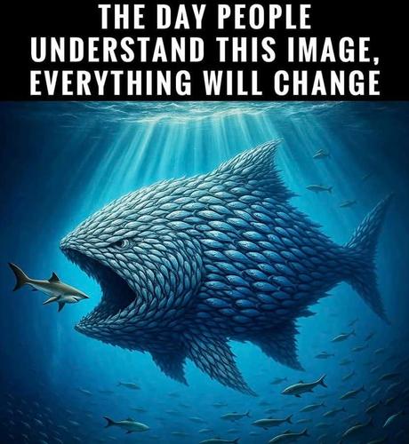 A picture of a Shark being eaten by a huge fish that is made of smaller fish. The test at the top reads : The day people understand this image, everything will change