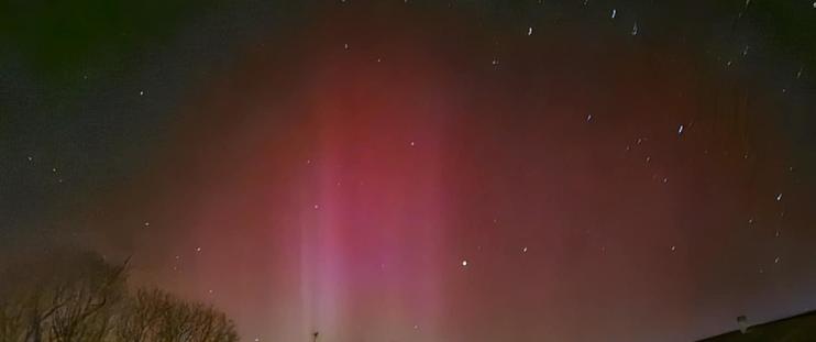 The photo is of the night sky with the tops of some trees in the foreground on the left.  Most of the photo is a brilliant reddish magenta, with some stars showing through.  Light beams shine up from the bottom of the picture, towards the top.