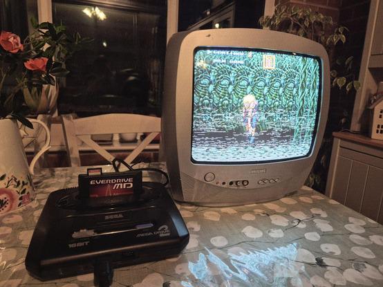 The screen and console next to each other