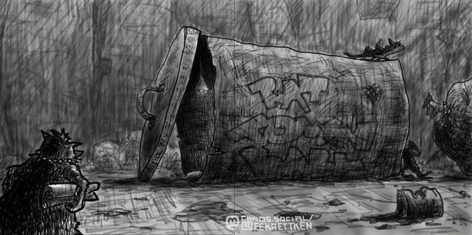 Digital drawing, black and gray.


In the foreground, the back of a rat with a necklace carrying a roll of paper. In the middle ground a lying dented barrel with the graffiti lettering “RAT TOWN BABY”. The lid of the barrel is ajar, a lamp hangs in the barrel. The back of a rat looks out from the ground of the barrel. a rat is sitting ontop of the barrel, in a deck chair and holding a bottle. a rat is leaning against the barrel on the right, smoking a cigarette. to the right of it is a large garbage bag. in the background are beam-like formations.