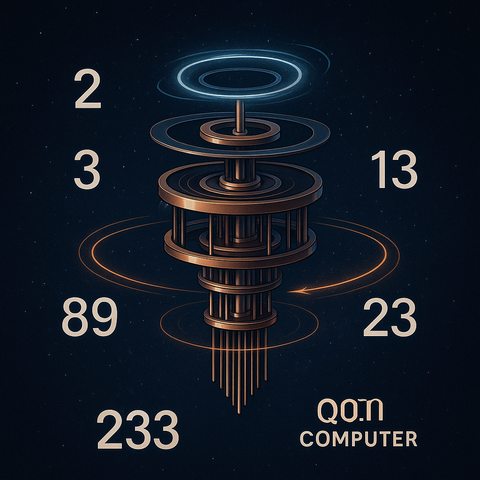 The image features a stylized, futuristic computer design labeled "QO.N COMPUTER" at the bottom right. The central structure is a complex, metallic, cylindrical assembly with multiple concentric rings and vertical rods, resembling a mechanical or quantum computing device. Surrounding the structure are numbers: "2" on the left, "3" below, "13" to the right, "23" below, "89" to the left, and "233" at the bottom. These numbers are likely significant, possibly representing prime numbers or other mathematical values. The background is a dark, starry space, enhancing the futuristic theme. The design includes glowing blue and orange rings, suggesting energy or data flow, with an arrow indicating rotation or movement.