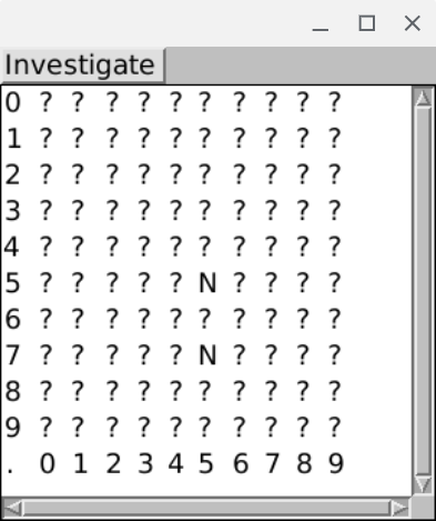 A clim gui window filled with question marks and two "N" direction indicators for hurkle. The menu bar button Investigate is being pushed. Lightfield/white background.