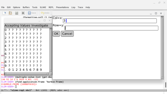 The McCLIM game window and next-move-entry window side-by-side in front of an emacs slime repl window in the background.