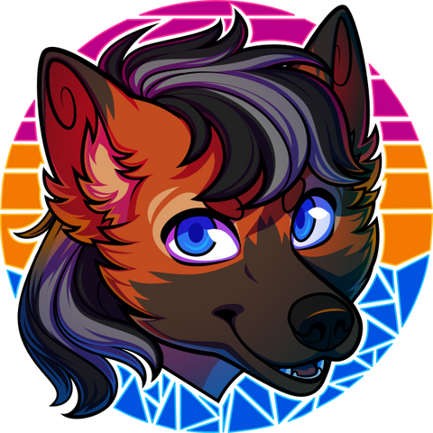 A stylized anthro maned wolf, with blue eyes, a black and grey mane, and a brown and orange coat. Only the head is visible, and he is looking at the camera and smiling. The background is the pan flag colors (pink, yellow, blue) broken into interesting geometric shapes for each color.