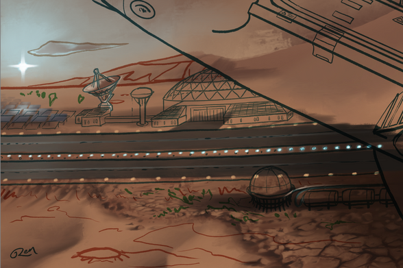 The corner of the illustration, but with sketch overlaid to get an idea of what I'm going for and where buildings will be.