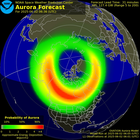 NOAA 31-minute northern hemisphere aurora forecast effective 2025-06-02 06:36 UTC (23:36 PDT)