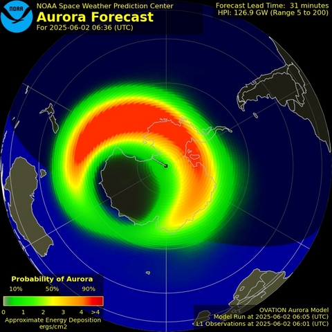 NOAA 31-minute southern hemisphere aurora forecast effective 2025-06-02 06:36 UTC (16:36 AEDT)