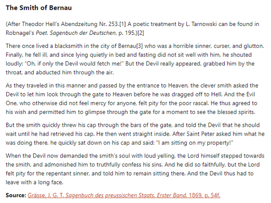 German folk tale "The Smith of Bernau". Drop me a line if you want a machine-readable transcript!