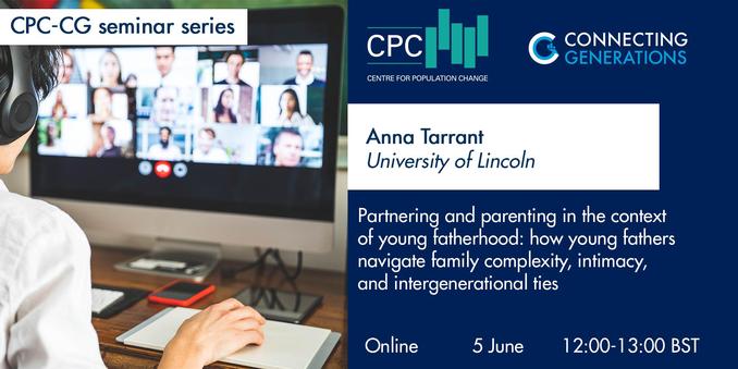 Image shows person sitting at a desk with their back to the camera, wearing headphones, their hand on a computer mouse, watching a webinar on a computer monitor. Text advertises: This CPC-CG Webinar will take place on Thursday 5 June at 12:00 UK Time. Anna Tarrant, Professor of Sociology at the University of Lincoln will be delivering a presentation entitled, "Partnering and parenting in the context of young fatherhood: how young fathers navigate family complexity, intimacy, and intergenerational ties".