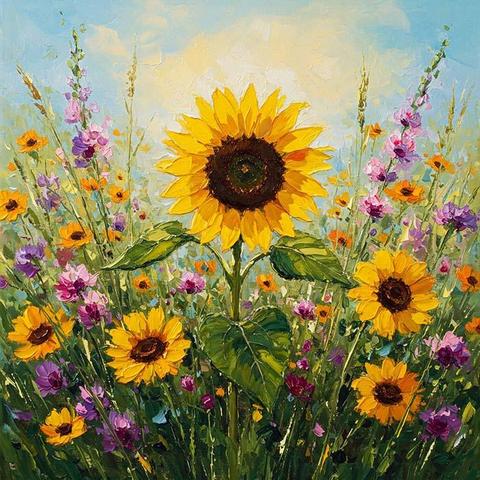 A vibrant sunflower stands tall in a colorful field of diverse wildflowers under a bright blue sky.