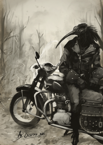 Digital illustration, kind of an old photo style, but oil-paint-like, of an anthropomorphic ibis(a bird species with downward-curved beak, the species of the egyptian god thoth), in biker leather gear, atop a motorbike,looking towards a side,in the middle of a forest road.