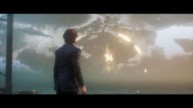 An extremely cinematic shot of a man in a suit from the back looking in the far standing column with a shiny number 34
