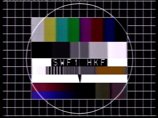 A standard test image as typically broadcast by German TV stations when they were not broadcasting other content. It has monochrome and coloured patterns and the station name in the center. The outside is a grid.