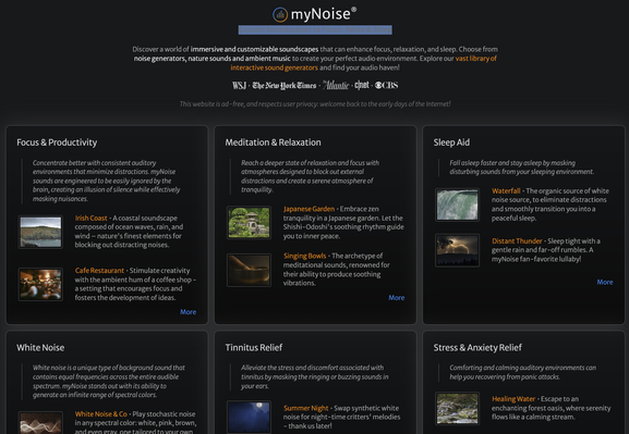 The image is a screenshot of the myNoise website, a platform offering customizable soundscapes for focus, relaxation, and sleep. The background is dark, with a prominent header featuring the myNoise logo and a tagline that reads, "Discover a world of immersive and customizable soundscapes that can enhance focus, relaxation, and sleep." Below the header, there is a brief description of the website's offerings, including noise generators, nature sounds, and ambient music.