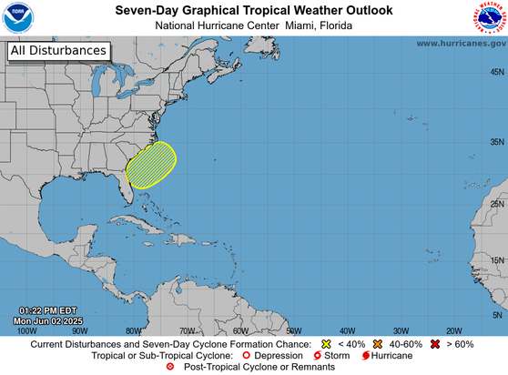 ZCZC MIATWOAT ALLTTAA00 KNHC DDHHMMTropical Weather OutlookNWS National Hurricane Center Miami FL200 PM EDT Mon Jun 2 2025For the North Atlantic...Caribbean Sea and the Gulf of America:1. Offshore of the Southeastern U.S. CoastA non-tropical area of low pressure is forecast to form near or offshore of the southeastern U.S. coast during the next couple of days. If the system remains offshore, the low could gradually develop some subtropical or tropical characteristics later this week while moving northeastward at 10 to 15 mph.* Formation chance through 48 hours...low...near 0 percent.* Formation chance through 7 days...low...10 percent.Forecaster Reinhart