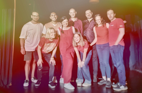 The whole gang of nine gather at the end.