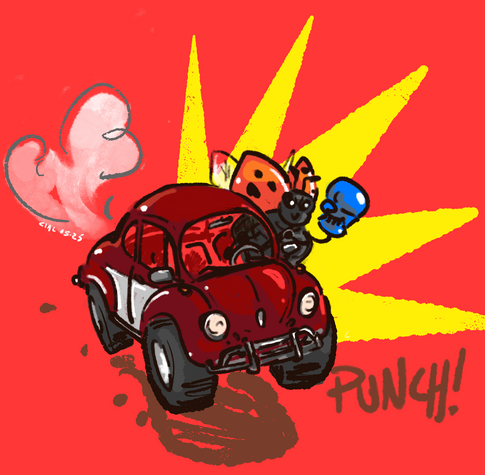 digital art by me (no ai) of a ladybug driving a 67 volkswagen beetle, leaning out the window with a punching glove on one of its arms.