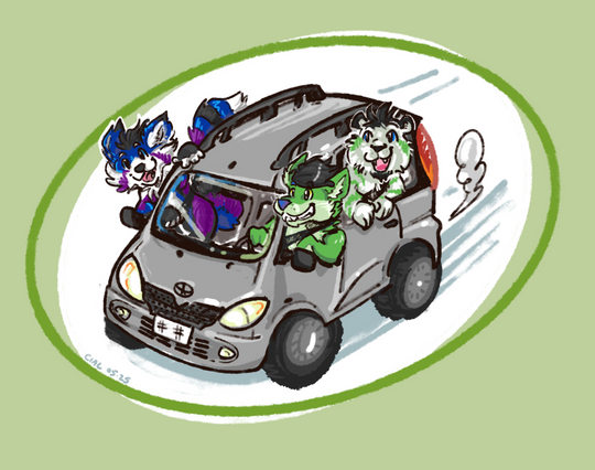 digital art by me (no ai) of a 2001 toyota yaris verso, which is a snub-faced little economy van thing. dusk, a blue and purple toned red panda is leaning out the passenger window. nimbus, a bright green wolf, is driving. fibre, a white and green tiger is leaning out the back window.