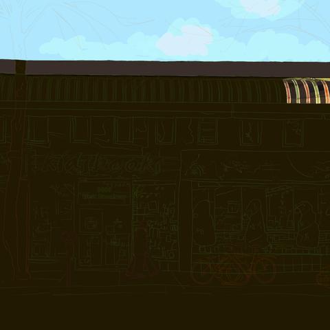 I coloured in the sky and the faint clouds that were visible. I then started on the right side of the striped awning that alternates red and green between lines of brown. Each of the red and green stripes are outlined with white but with the late winter's day and tree branches casting shadows, each area is broken up into variations of hue and tone that make the process slower.