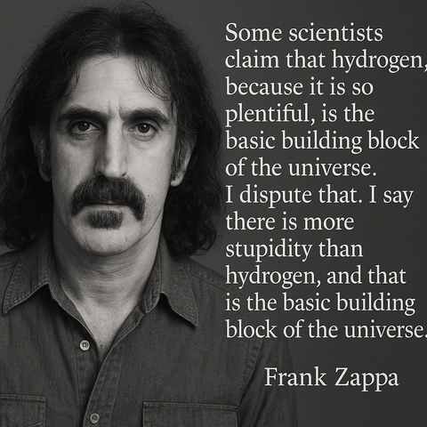 A picture of Frank Zappa, besides the following quote made by him: “Some scientists claim that hydrogen, because it is so plentiful, is the basic building block of the universe. I dispute that. I say there is more stupidity than hydrogen, and that is the basic building block of the universe.”