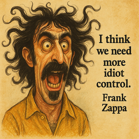 A painting of a crazy looking Frank Zappa besides the following quote made by him: “I think we need more idiot control.”
