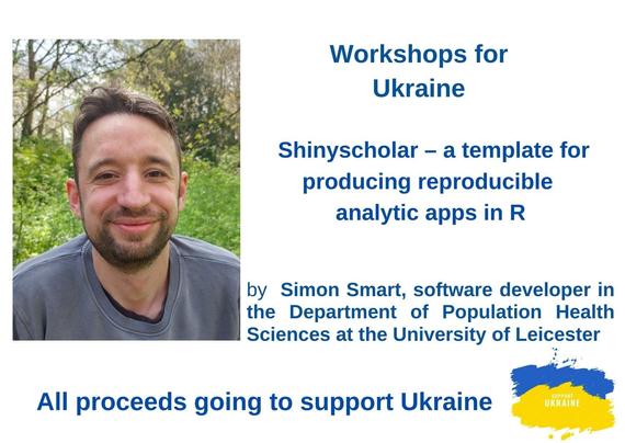 Poster with speaker's photo and talk details, stating that all proceeds going to support Ukraine
