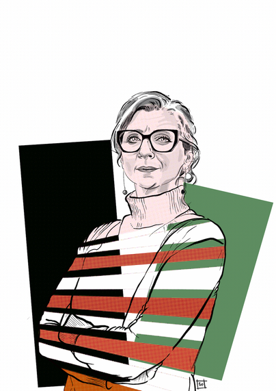 digital illustration of francesca albanese wearing large, black-framed specs.
francesca folds her arms resolutely & looks directly at the viewer. 
illustration is black, white, subtle green & halftone red.
there are vertical rectangles behind her, one in black (on her right) & the other (on her left) in subtle green.