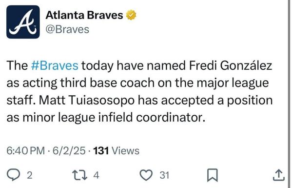 [Braves] The Braves today have named Fredi González as acting third base coach on the major league staff. Matt Tuiasosopo has accepted a position as minor league infield coordinator.