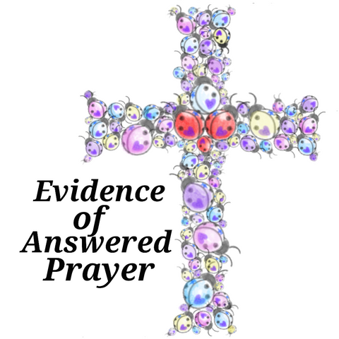 A cross made up of various sizes of ladybugs. The majority are pink, purple or yellow. However, three ladybugs in the center of the cross are colored red and are positioned (kind of) like a heart. In black italic lettering to the left of the ladybug cross, it says, "Evidence of Answered Prayer," since according to legend, ladybugs first appeared as the result of prayer. 😄 Each ladybug has a purple heart and a blue star replacing what would normally be two of six black spots on its back. In the US, a purple heart is awarded to soldiers who are wounded in battle. The blue stars honor military mothers. Since Christians often regard themselves as soldiers (especially in prayer), these particular symbols on the ladybugs in this piece are to honor Christians who may have been "wounded in battle" and to honor the mothers of every Christian.