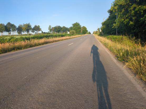 Ombre projetée sur la route de mon vélo, le soleil étant pile dans l'axe de celle-ci