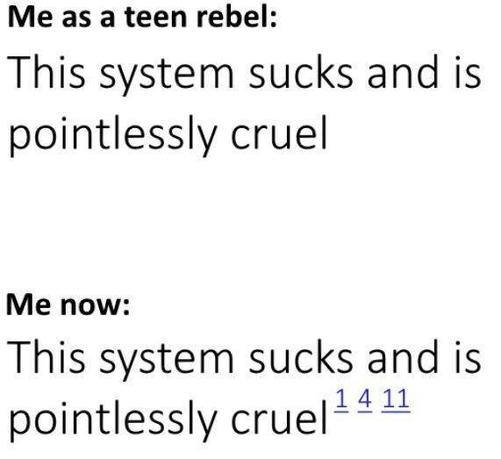 Me as a teen rebel:
The system sucks and is pointlessly cruel

Me now:  
The system sucks and is pointlessly cruel ¹ ⁴ ¹¹
* Shows that now I have references *