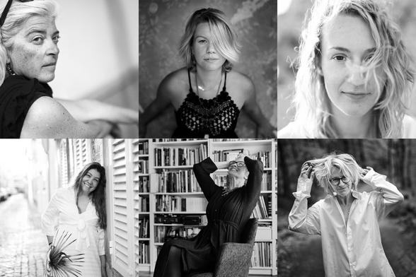 Eine Collage aus 6 quadratischen Fotos. Alle Fotos sind in s/w und zeigen Portraits von Frauen in unterschiedlichen Situationen. Alle Fotos wurden „on location“ mit natürlichem Licht fotografiert. Die Collage zeigt die Vielfalt der Möglichkeiten, wenn Portraits außerhalb eines Studios erstellt werden.