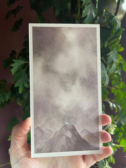 a tall painting of a group of mountains and a tiny white unicorn on the peak of one of them. The skies are stormy and atmospheric.